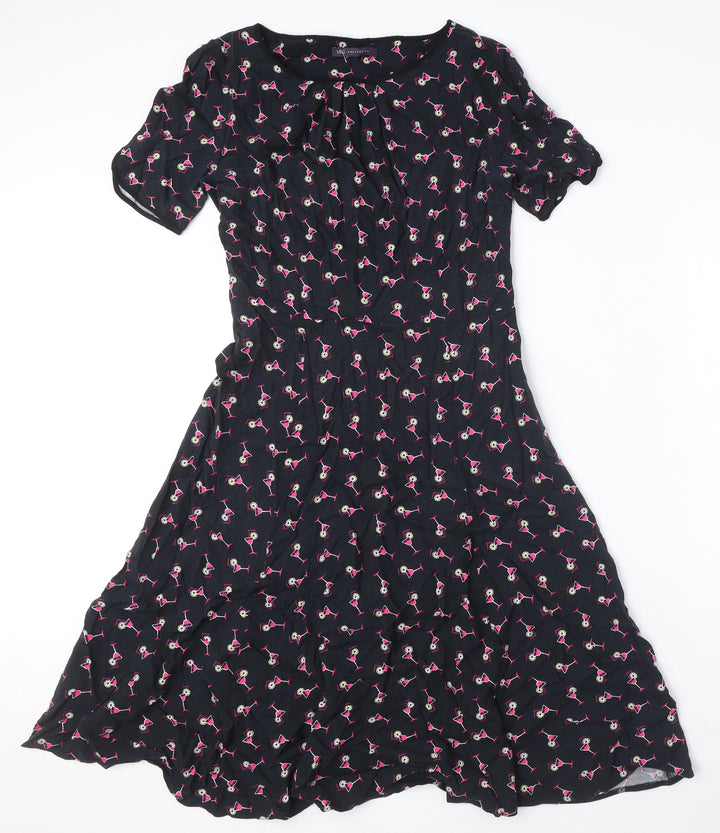 Marks and Spencer Womens Black Geometric Viscose A-Line Size 8 Boat Neck Zip - Cocktail Print