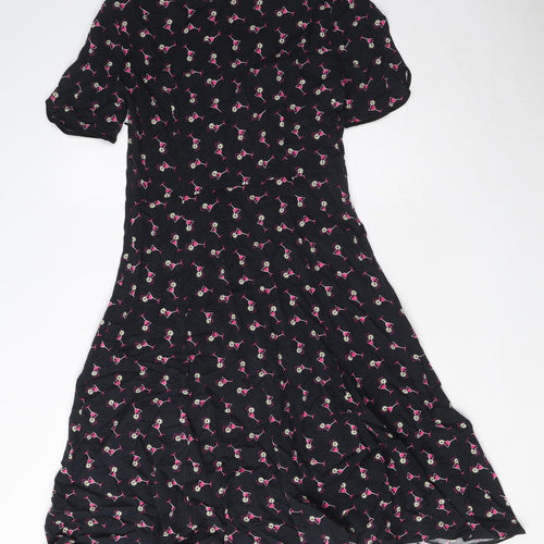 Marks and Spencer Womens Black Geometric Viscose A-Line Size 8 Boat Neck Zip - Cocktail Print