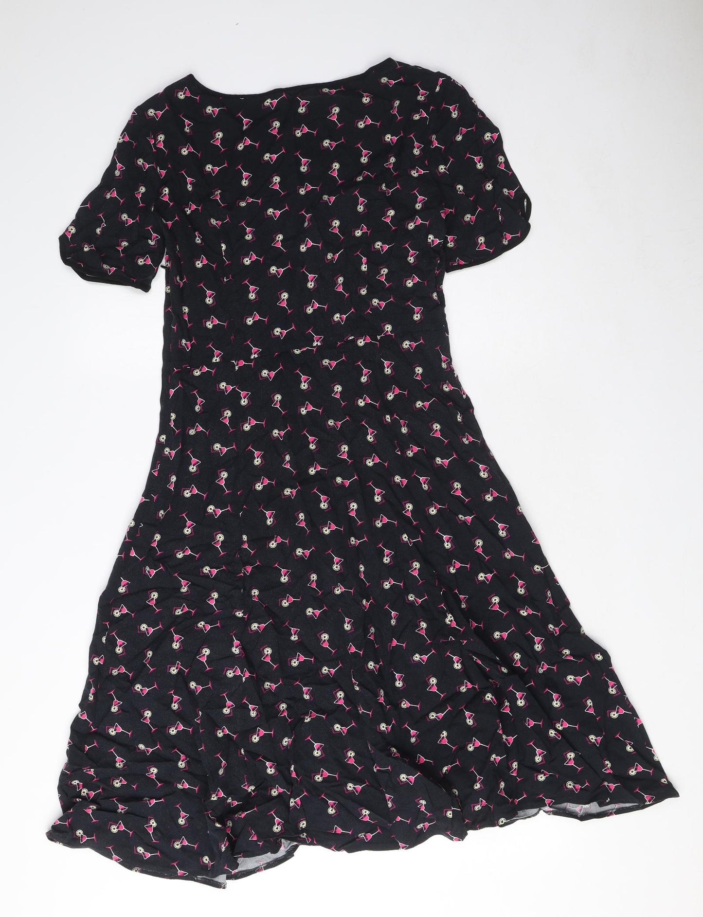 Marks and Spencer Womens Black Geometric Viscose A-Line Size 8 Boat Neck Zip - Cocktail Print