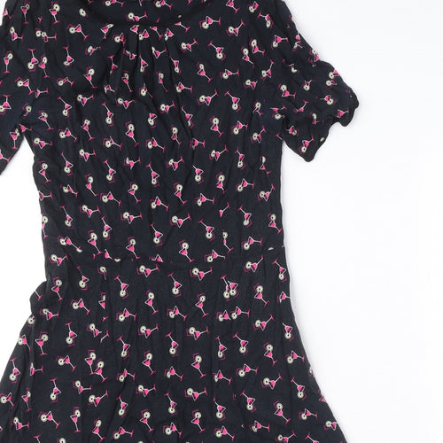 Marks and Spencer Womens Black Geometric Viscose A-Line Size 8 Boat Neck Zip - Cocktail Print