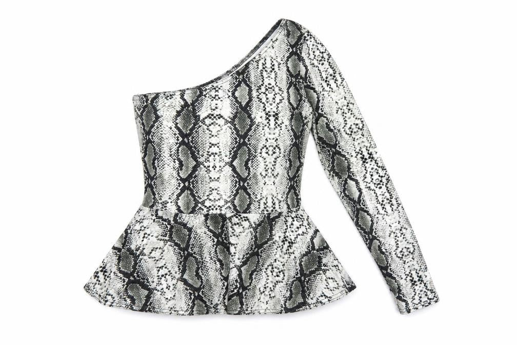 ASOS Womens Black Animal Print Polyester Basic T-Shirt Size 10 One Shoulder - Snakeskin Print