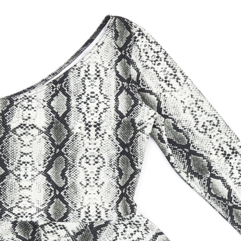 ASOS Womens Black Animal Print Polyester Basic T-Shirt Size 10 One Shoulder - Snakeskin Print