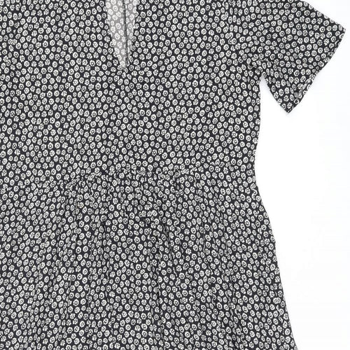 Mango Womens Black Floral Polyester Shift Size 8 V-Neck Pullover