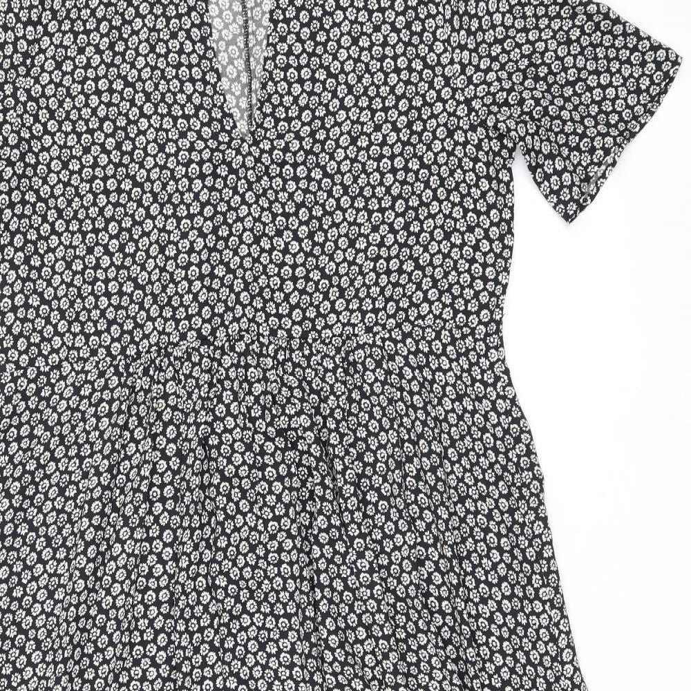 Mango Womens Black Floral Polyester Shift Size 8 V-Neck Pullover