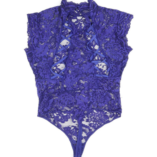Lipsy Womens Blue Floral Polyamide Bodysuit One-Piece Size M Button