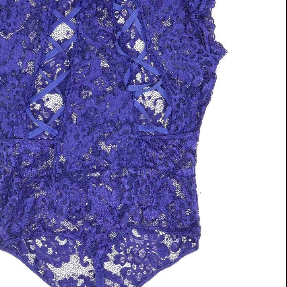 Lipsy Womens Blue Floral Polyamide Bodysuit One-Piece Size M Button