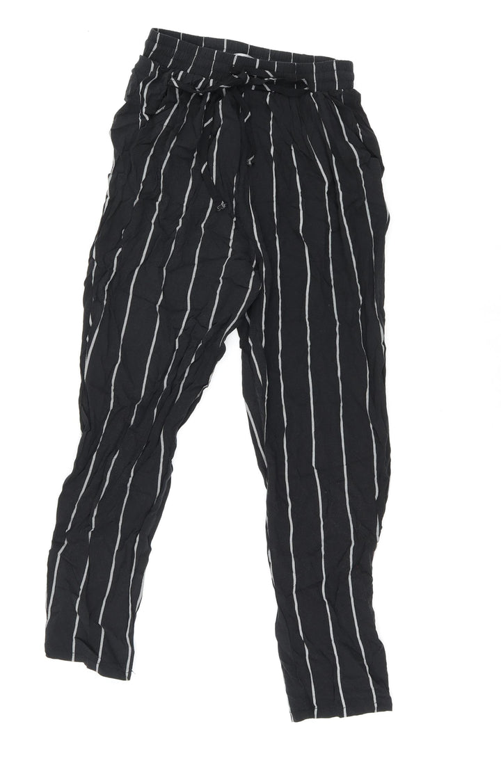 PRETTYLITTLETHING Womens Black Striped Viscose Trousers Size 6 L23 in Regular Drawstring