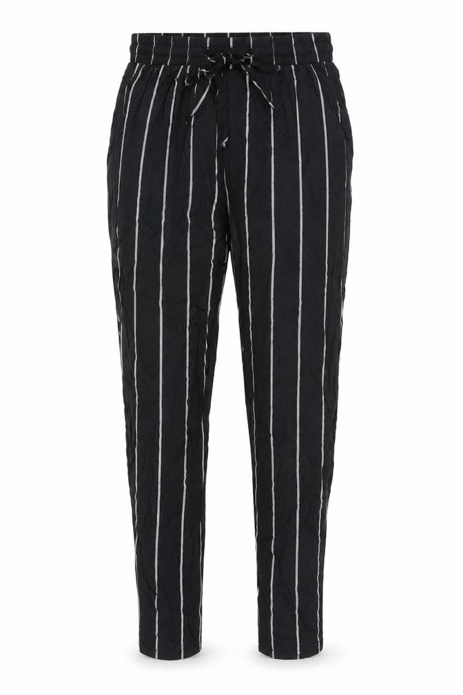 Front view of PRETTYLITTLETHING women’s black striped viscose trousers, size UK 6, 23-inch leg regular drawstring