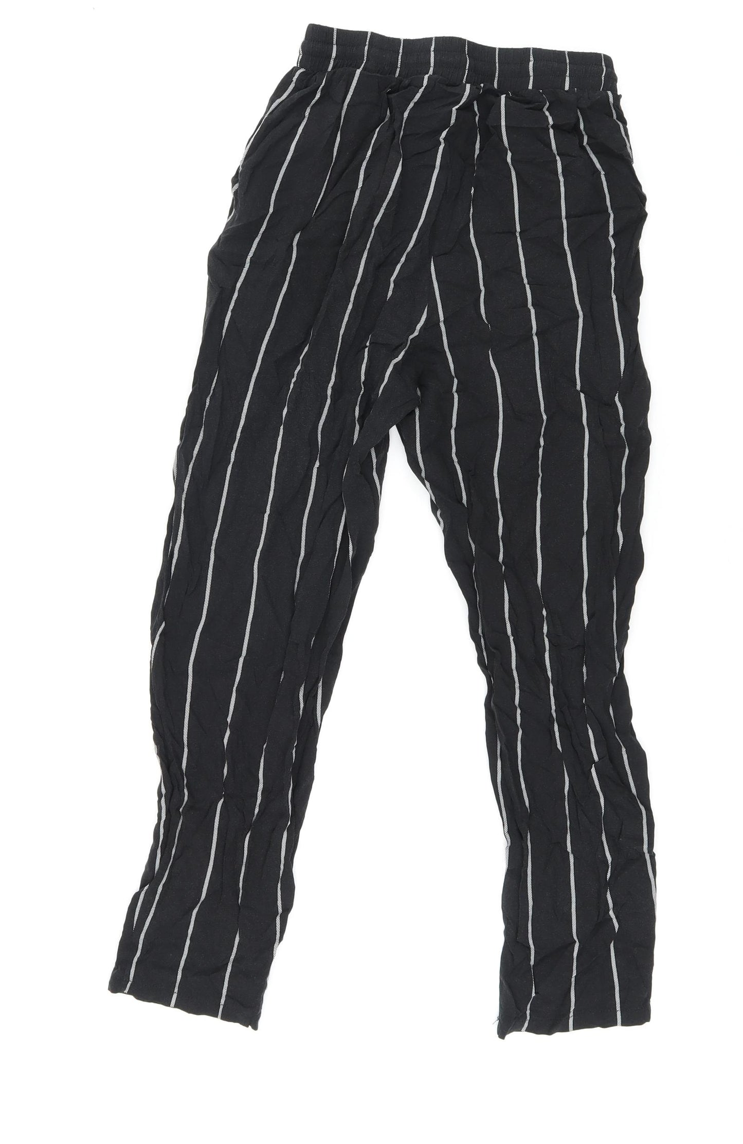 PRETTYLITTLETHING Womens Black Striped Viscose Trousers Size 6 L23 in Regular Drawstring