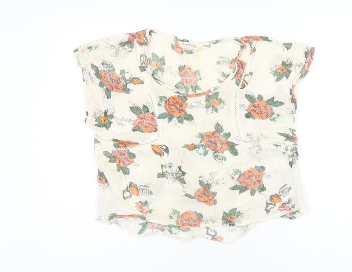 Miss Selfridge Womens White Floral Viscose Jersey T-Shirt Size 10 Scoop Neck