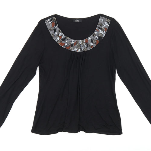 C.M.D Womens Black Viscose Jersey T-Shirt Size M Scoop Neck - Embroidered Detail