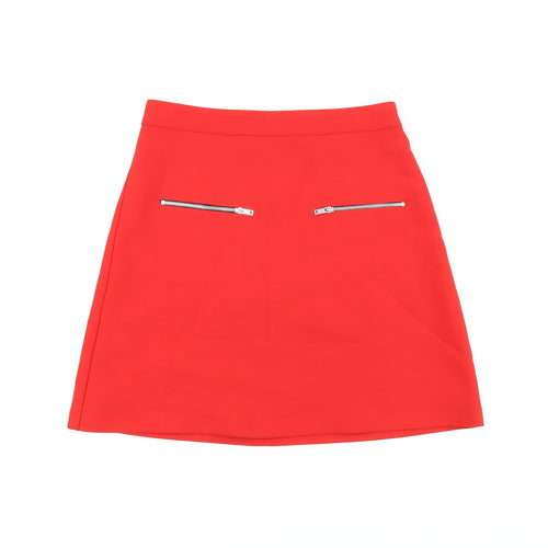 Zara Womens Red Polyester A-Line Skirt Size 6 Zip - Zips on front