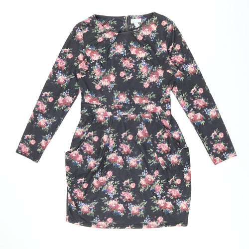 Blue Vanilla Womens Black Floral Polyester Bodycon Size 12 Boat Neck Zip