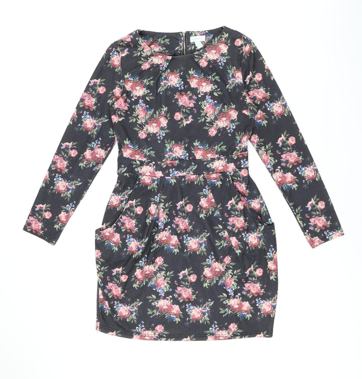 Blue Vanilla Womens Black Floral Polyester Bodycon Size 12 Boat Neck Zip