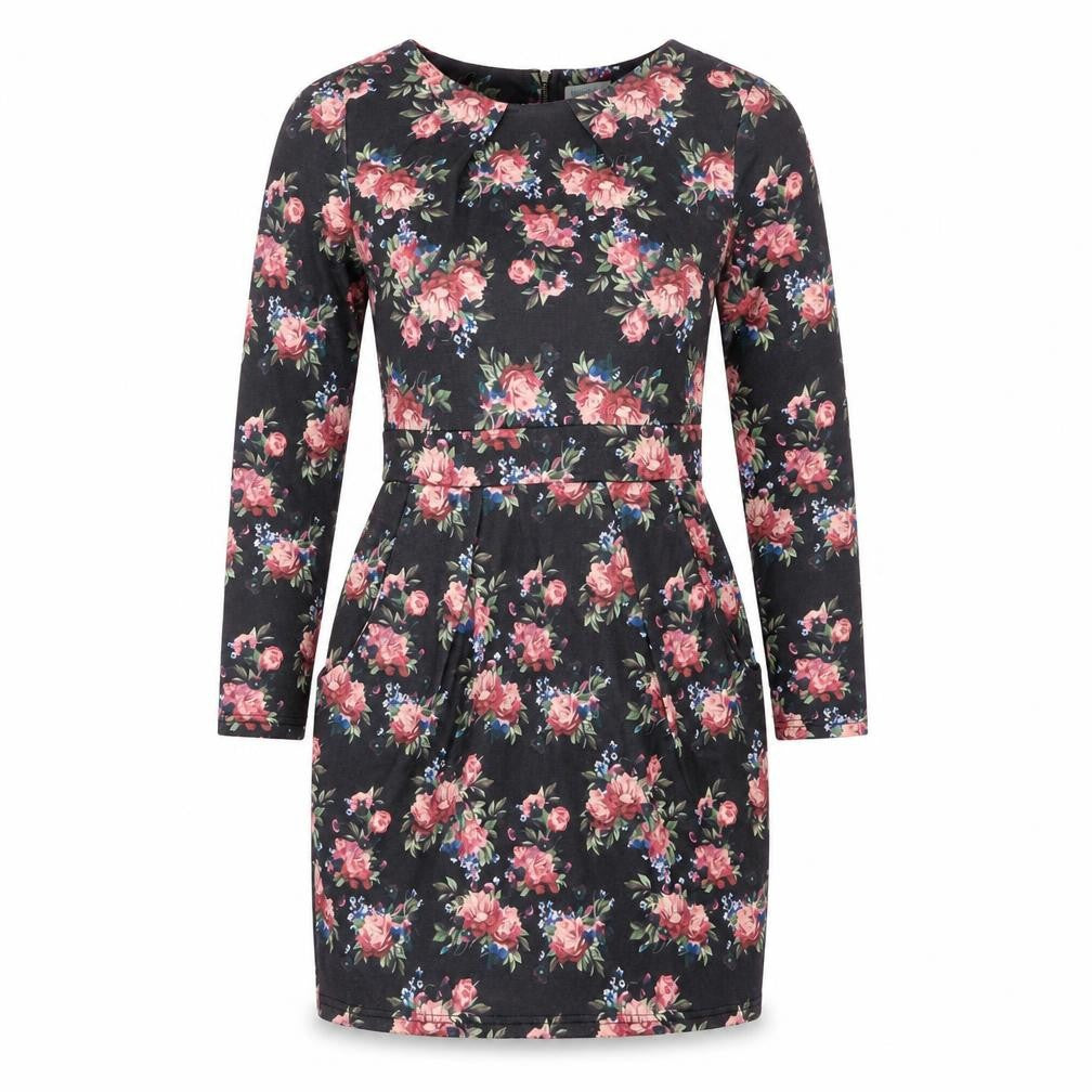 Blue Vanilla Womens Black Floral Polyester Bodycon Size 12 Boat Neck Zip