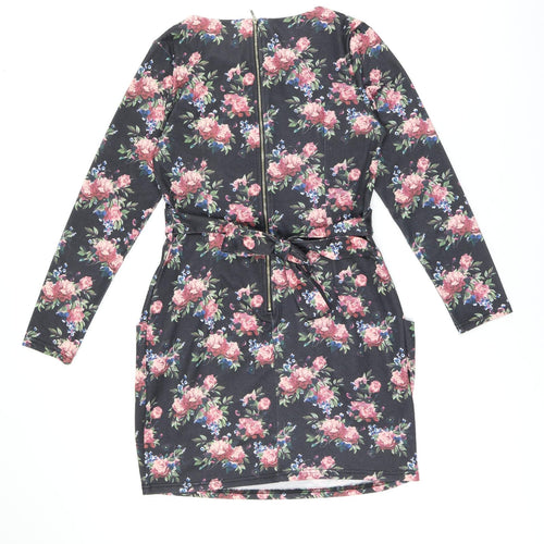 Blue Vanilla Womens Black Floral Polyester Bodycon Size 12 Boat Neck Zip