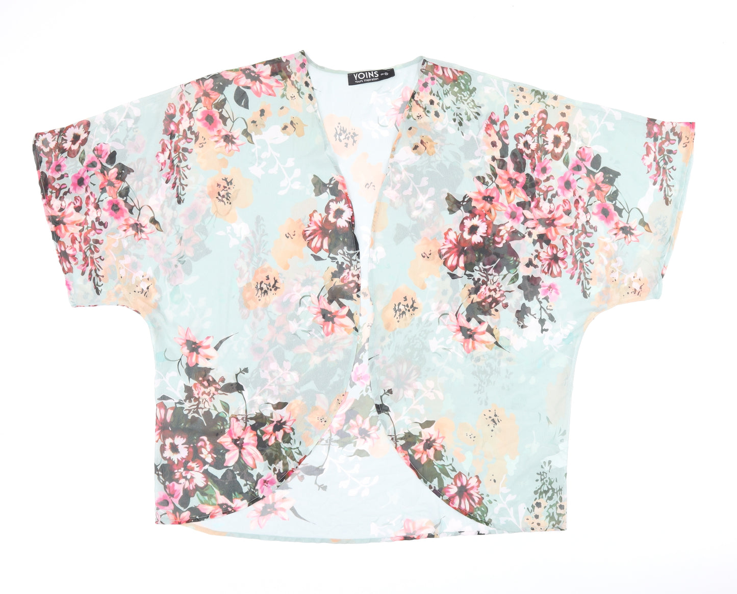 Yoins Womens Blue Floral Polyester Kimono T-Shirt Size 2XL V-Neck