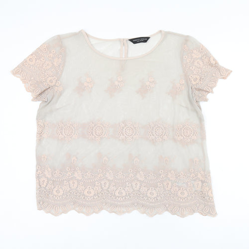 Dorothy Perkins Womens Grey Floral Nylon Basic T-Shirt Size 14 Round Neck - Embroidered Flowers