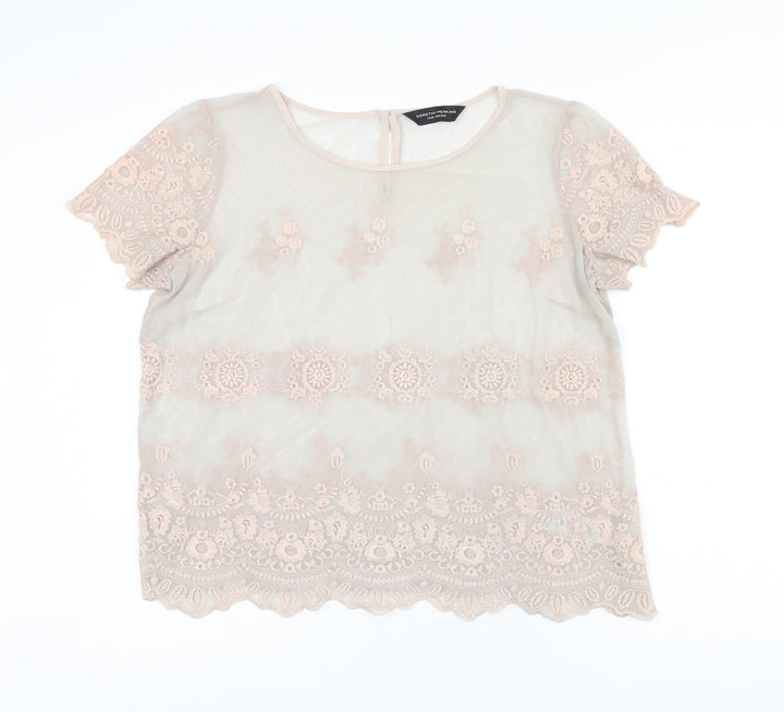 Dorothy Perkins Womens Grey Floral Nylon Basic T-Shirt Size 14 Round Neck - Embroidered Flowers