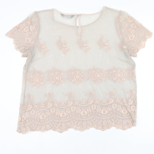Dorothy Perkins Womens Grey Floral Nylon Basic T-Shirt Size 14 Round Neck - Embroidered Flowers