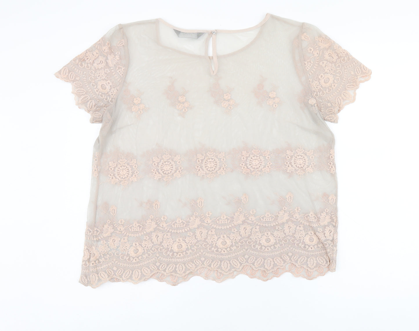 Dorothy Perkins Womens Grey Floral Nylon Basic T-Shirt Size 14 Round Neck - Embroidered Flowers