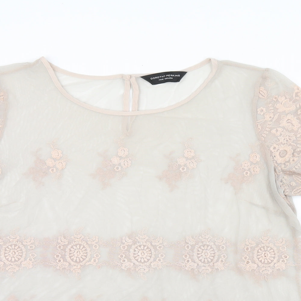Dorothy Perkins Womens Grey Floral Nylon Basic T-Shirt Size 14 Round Neck - Embroidered Flowers