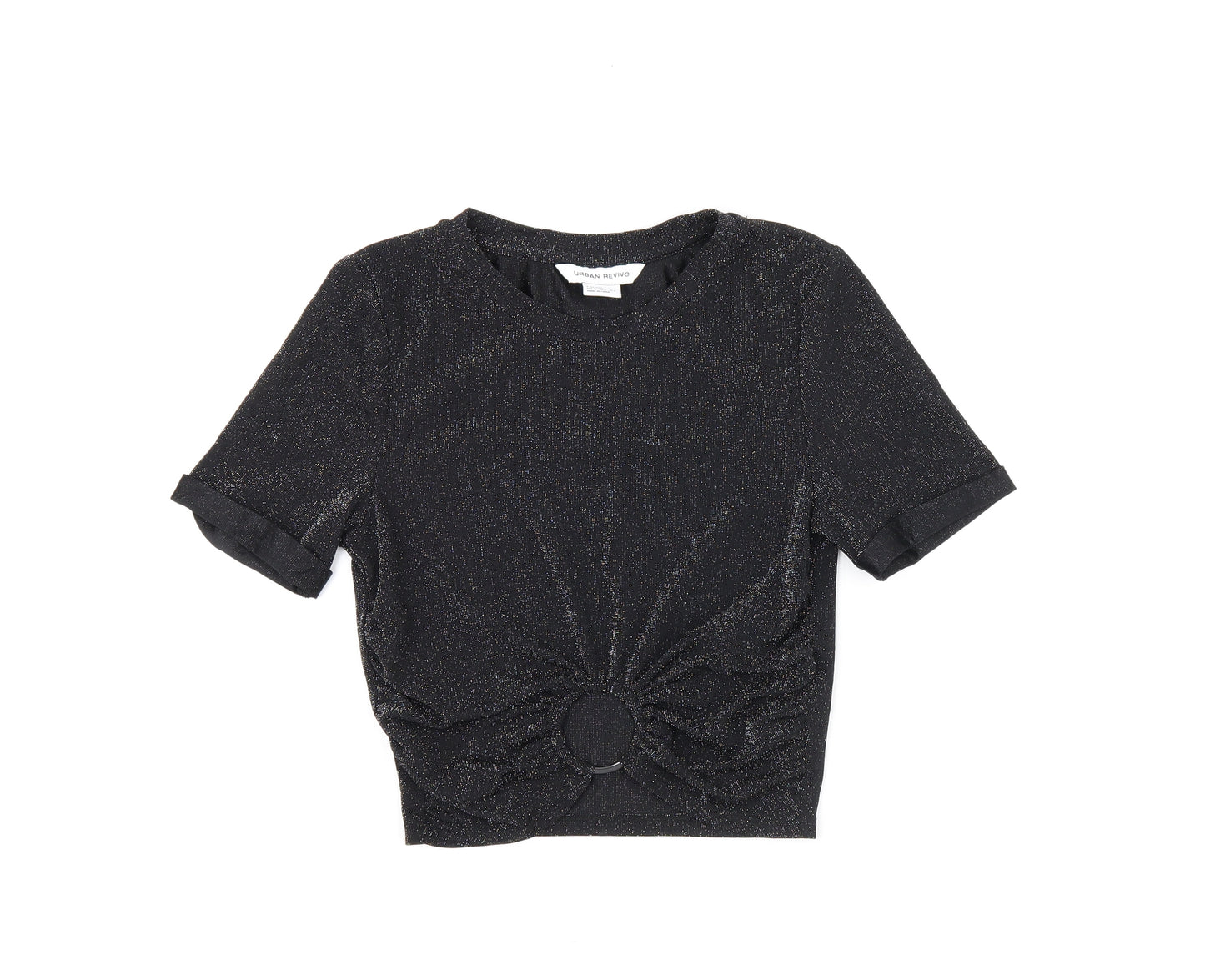 Urban Revivo Womens Black Polyamide Cropped T-Shirt Size 8 Round Neck - Glitter Detail