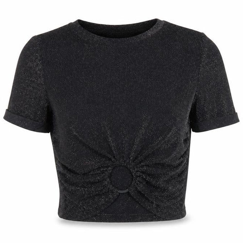 Urban Revivo Womens Black Polyamide Cropped T-Shirt Size 8 Round Neck - Glitter Detail