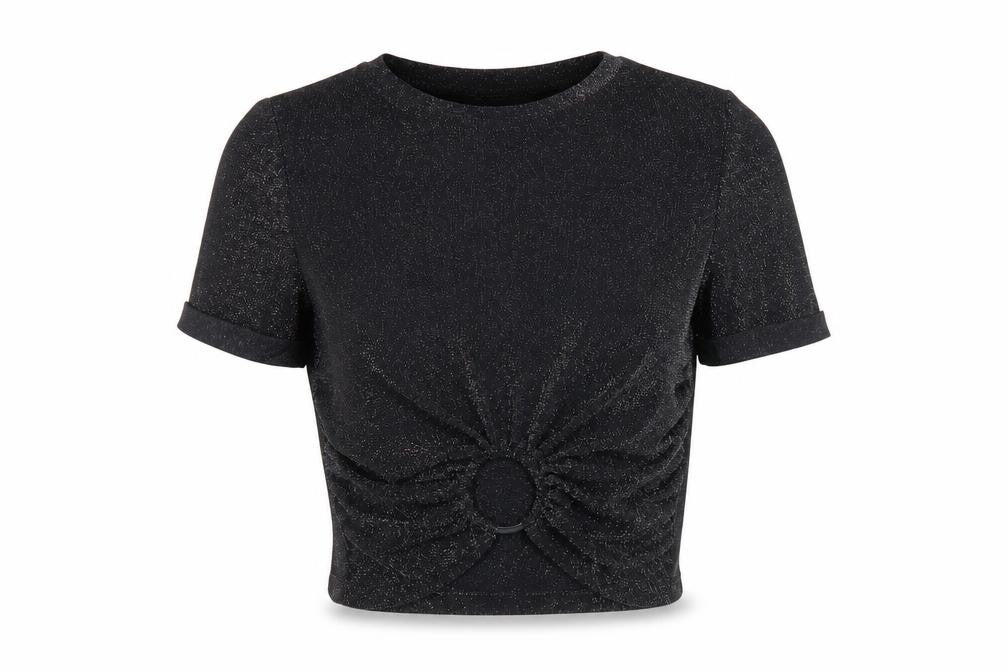 Urban Revivo Womens Black Polyamide Cropped T-Shirt Size 8 Round Neck - Glitter Detail