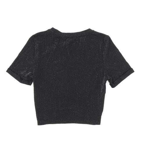 Urban Revivo Womens Black Polyamide Cropped T-Shirt Size 8 Round Neck - Glitter Detail