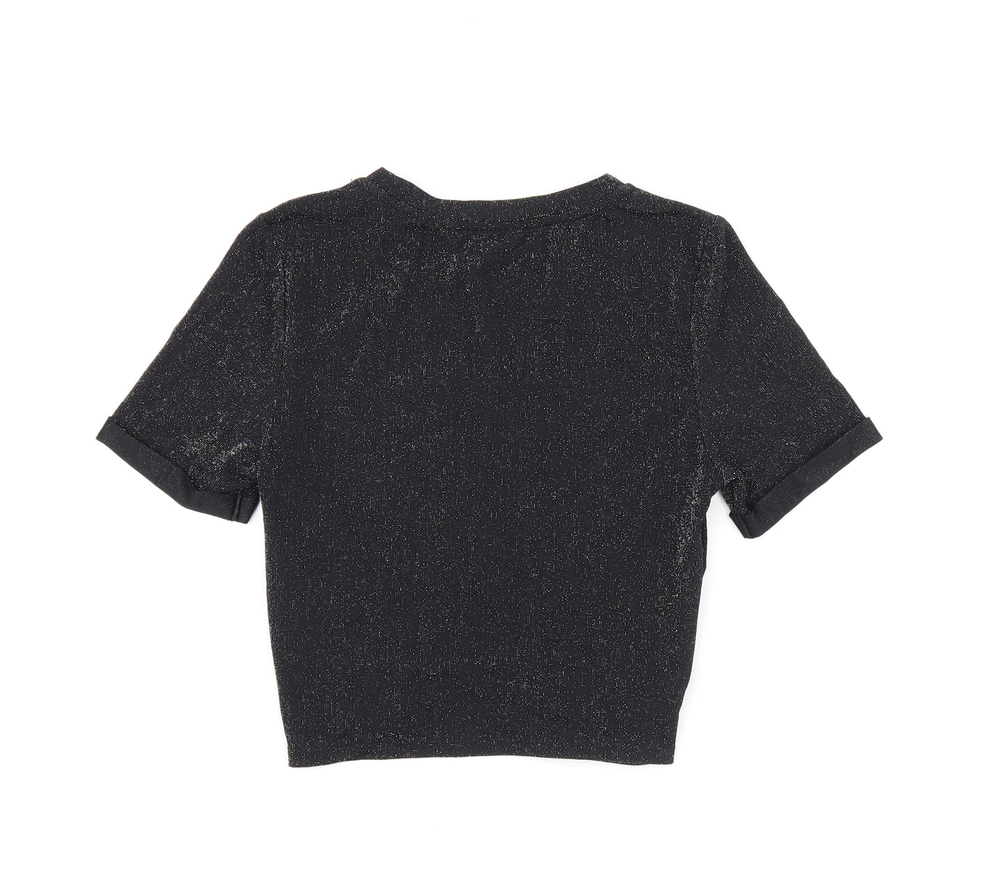 Urban Revivo Womens Black Polyamide Cropped T-Shirt Size 8 Round Neck - Glitter Detail