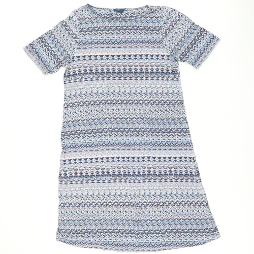 Cotton Traders Womens Blue Geometric Viscose T-Shirt Dress Size 16 Boat Neck Pullover