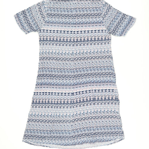Cotton Traders Womens Blue Geometric Viscose T-Shirt Dress Size 16 Boat Neck Pullover