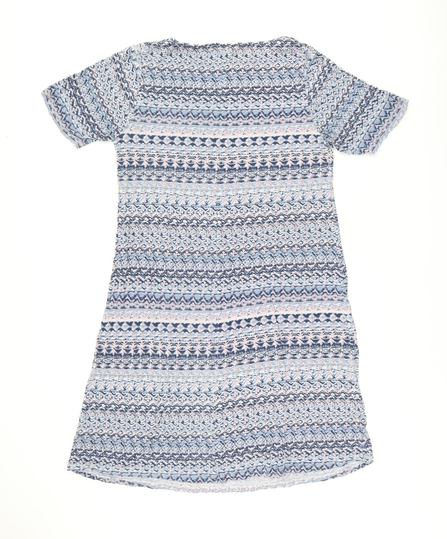 Cotton Traders Womens Blue Geometric Viscose T-Shirt Dress Size 16 Boat Neck Pullover