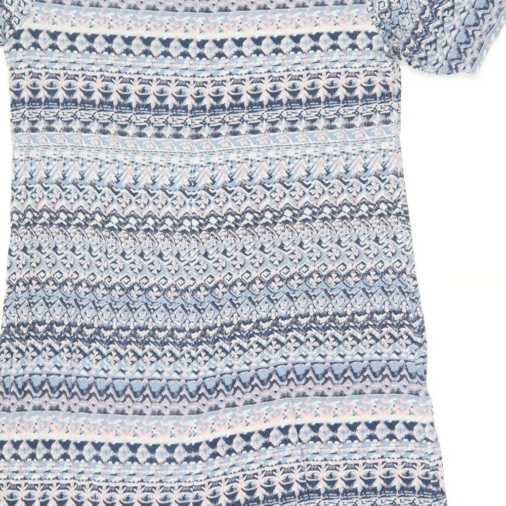 Cotton Traders Womens Blue Geometric Viscose T-Shirt Dress Size 16 Boat Neck Pullover