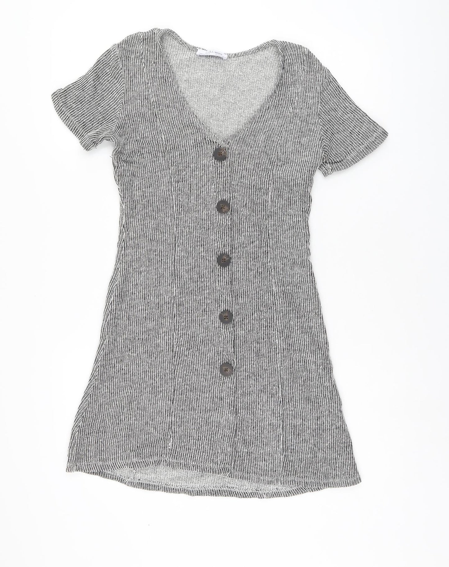 Zara Womens Black Striped Cotton Shift Size 8 V-Neck Pullover - Ribbed