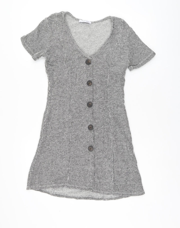 Zara Womens Black Striped Cotton Shift Size 8 V-Neck Pullover - Ribbed