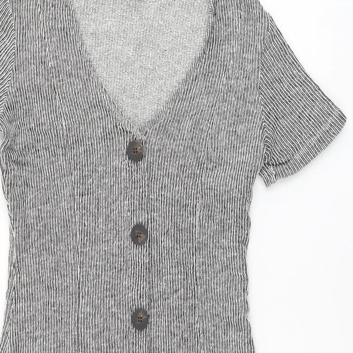 Zara Womens Black Striped Cotton Shift Size 8 V-Neck Pullover - Ribbed