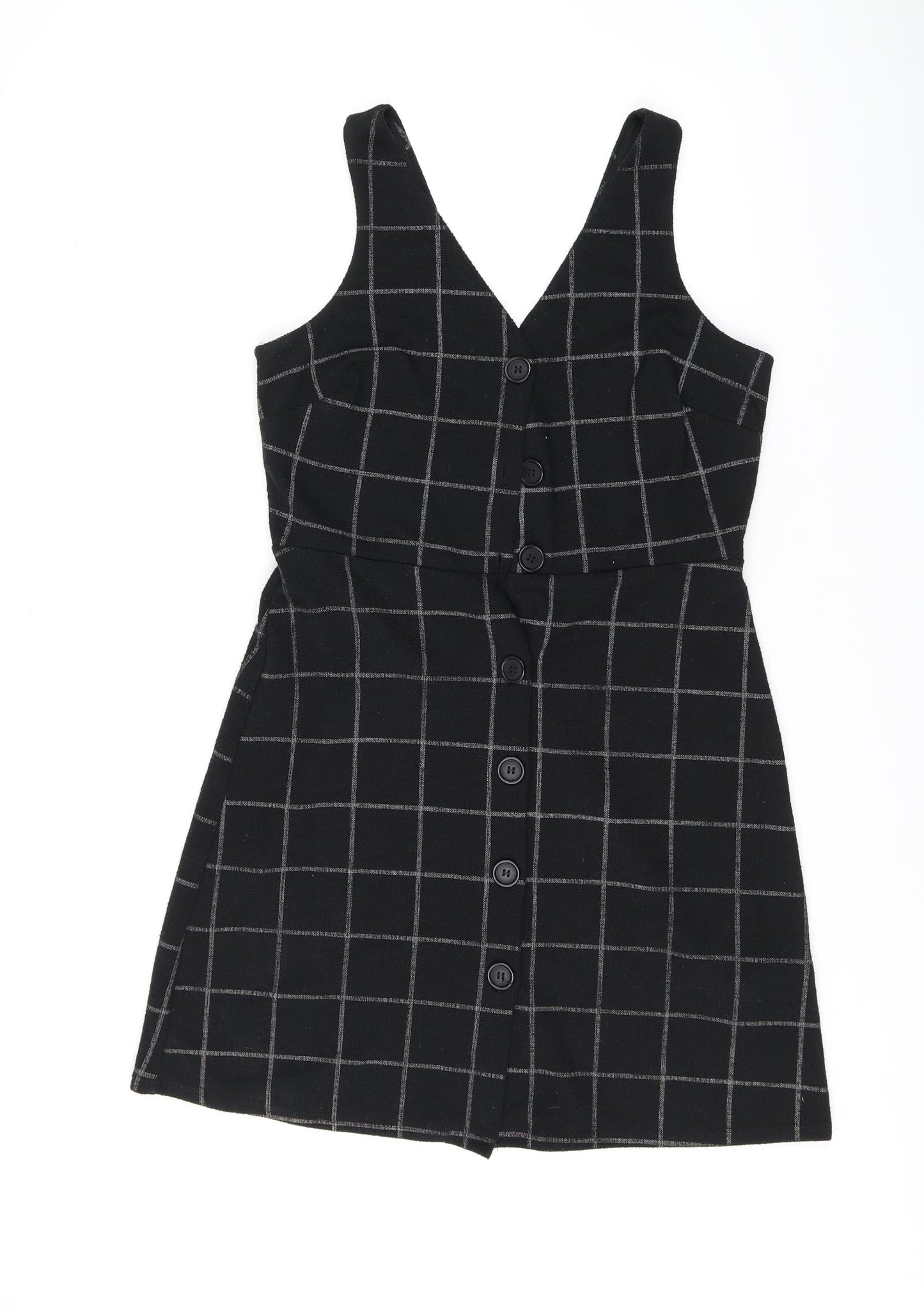 New Look Womens Black Check Polyester Shift Size 8 V-Neck Button