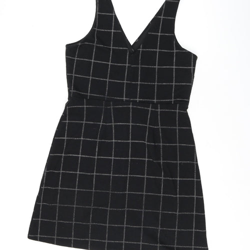 New Look Womens Black Check Polyester Shift Size 8 V-Neck Button