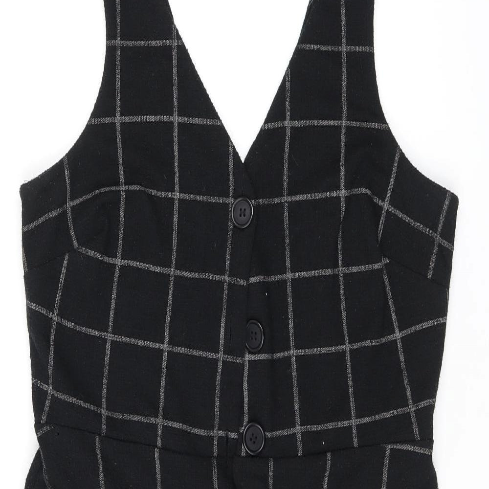 New Look Womens Black Check Polyester Shift Size 8 V-Neck Button