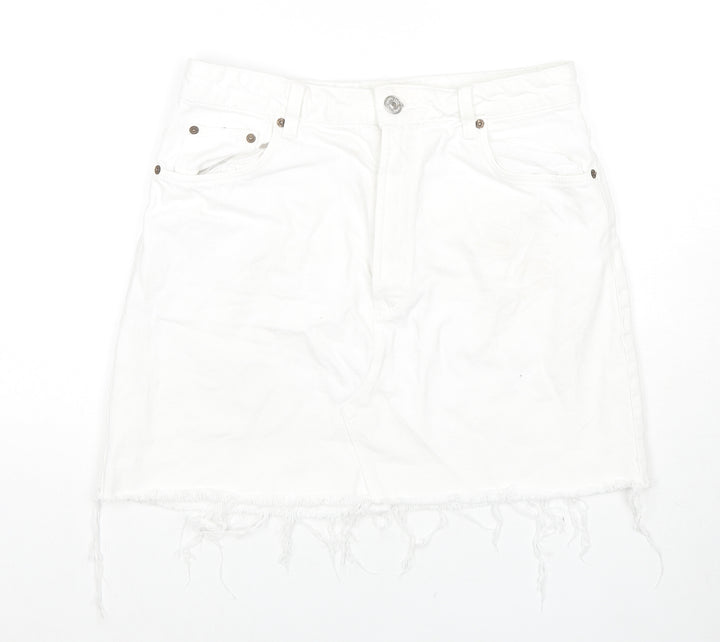 Zara Womens White Cotton A-Line Skirt Size L Zip
