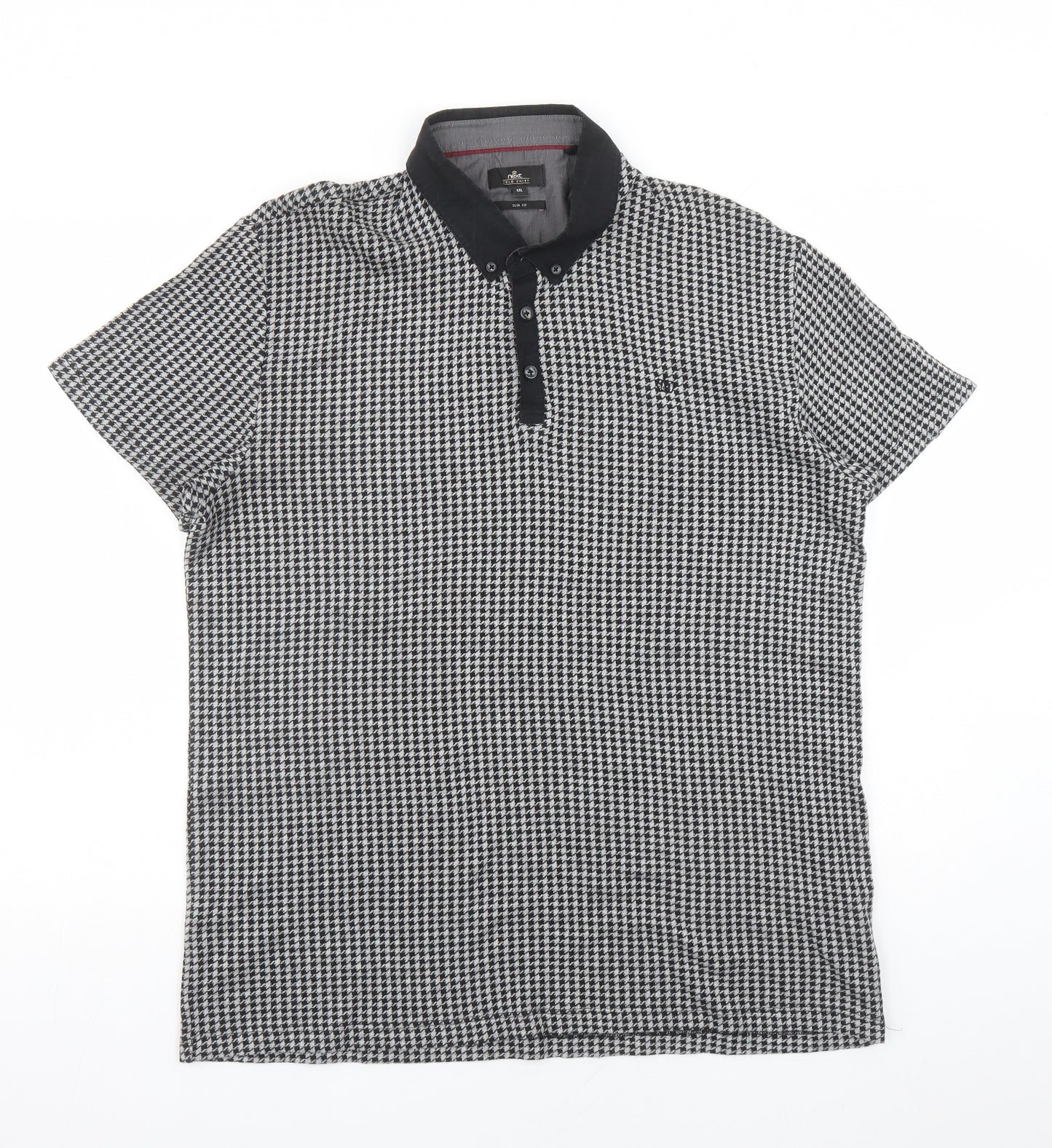 NEXT Mens Black Houndstooth Cotton Polo Size 2XL Collared Button