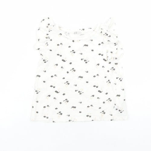 H&M Boys Ivory Floral Cotton Basic T-Shirt Size 5-6 Years Round Neck Pullover