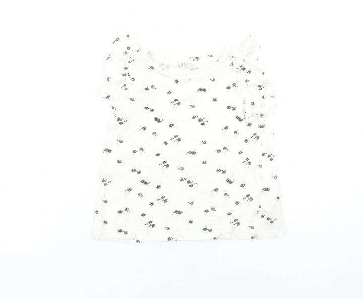 H&M Boys Ivory Floral Cotton Basic T-Shirt Size 5-6 Years Round Neck Pullover
