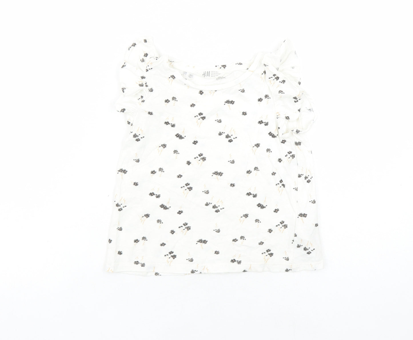 H&M Boys Ivory Floral Cotton Basic T-Shirt Size 5-6 Years Round Neck Pullover