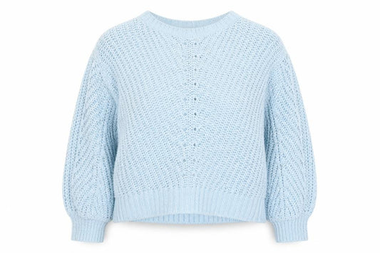 Front view of H&M women’s blue round neck polyester jumper, size L