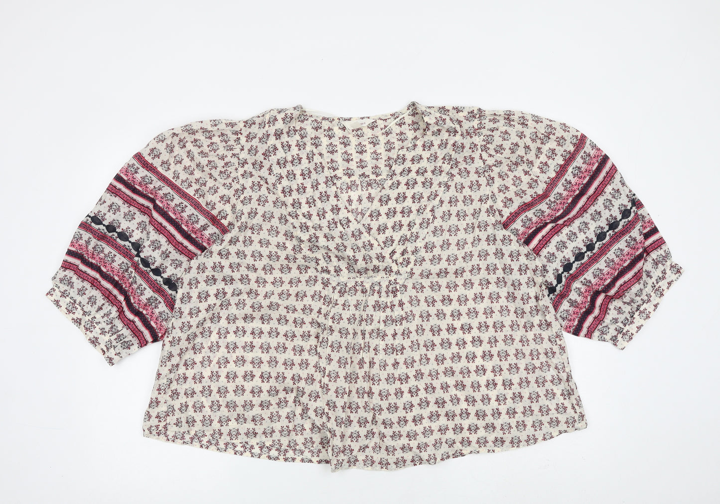 Marks and Spencer Womens Beige Geometric 100% Cotton Basic Blouse Size L Square Neck