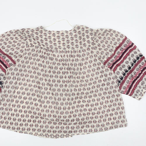 Marks and Spencer Womens Beige Geometric 100% Cotton Basic Blouse Size L Square Neck
