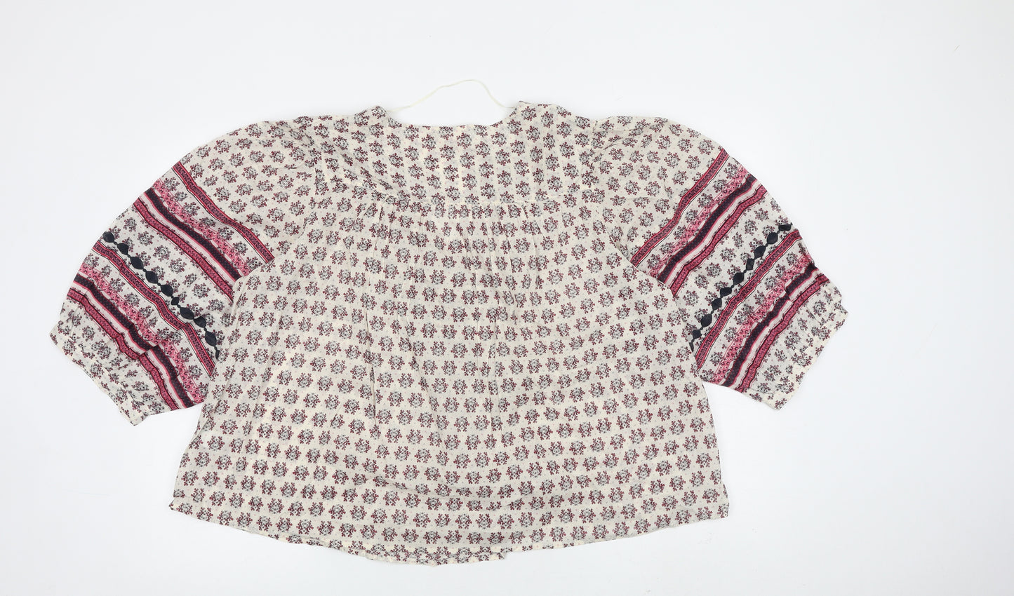 Marks and Spencer Womens Beige Geometric 100% Cotton Basic Blouse Size L Square Neck